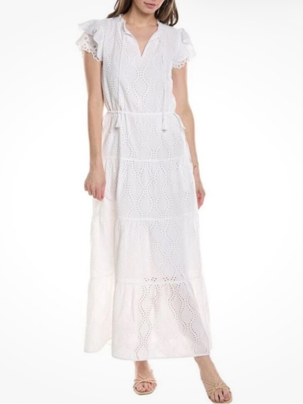 New J. McLaughlin Feminine Elena White Eyelet Maxi Dress Ruffle Sleeves Size XL - Picture 3 of 15